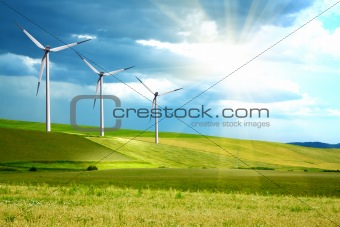 Wind turbines farm on green island