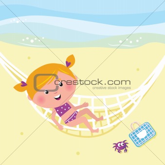 Happy beauty girl relaxing in the hammock near beach
