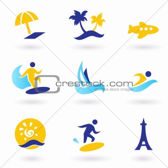 Retro summer, travel and water sports icons - blue and yellow