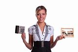 Businesswoman holding woodenabacus and calculator.