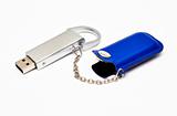 flash card with a blue leather case and chain