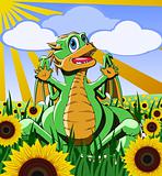 dinosaur in the field of sunflowers