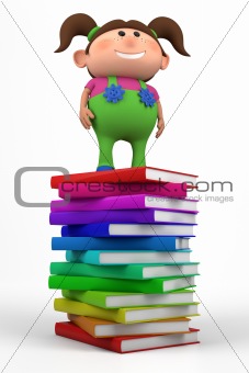 girl standing on a stack of books