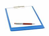 blank blue clipboard with a pen