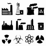 Industrial buildings and signs icon set
