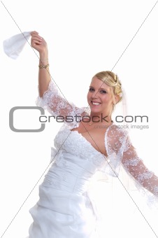 Young smiling bride on isolated white background holding napkin