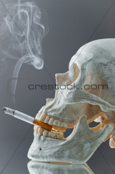 Skull with burning cigarette in mouth