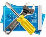 Vector wrench and screwdriver on blueprint XXL icon