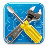 Vector wrench and screwdriver on blueprint XXL square icon