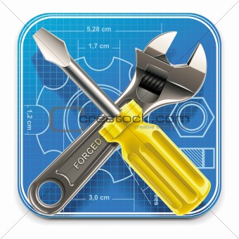 Vector wrench and screwdriver on blueprint XXL square icon