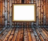vintage old grunge wooden plank interior with golden frame