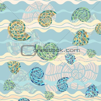 vector background with sea shells and waves