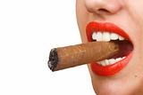 mouth with red lips biting a cigar