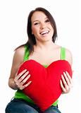 young brunette with red heart isolated
