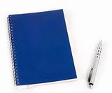 blue notebook and pen