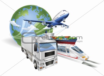 Global logistics concept airplane truck train ship