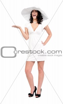 young woman in white dress and hat