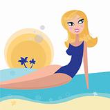 Blond woman bathing and sun tanning on the beach
