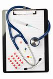 Note pad and stethoscope with color capsules and blister strip