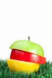 Combination of green, yellow and red apples over the grass