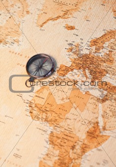 World map with compass showing Africa and Europe