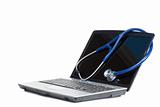 Blue stethoscope and a laptop