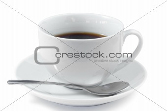 Cup of coffee with spoon and saucer