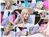Montage of a cute woman happy having done her shopping