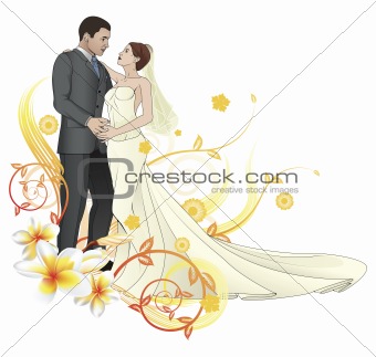 Bride and groom dancing floral background