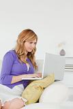 Prettyl red-haired woman sitting on the sofa and using a laptop