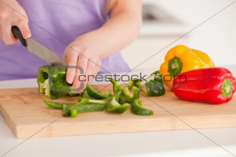 Woman cutting vegetables in modern kitchen interior