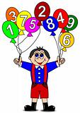 Boy and colorful inflatable balls with numbers