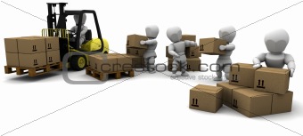 Man Driving Fork Lift Truck Isolated on White