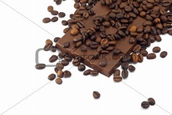 chocolate bar and coffee beans on white background