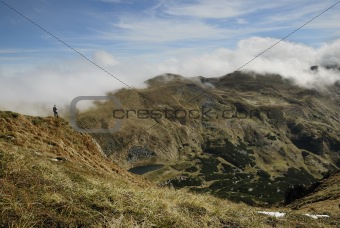 man in a clouds, Carpathian hiking 