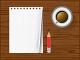 Notepad page,pencil and coffee cup isolated on wooden background
