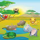 Cute African safari animal cartoon scene