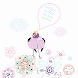 funny purple bird on a floral background