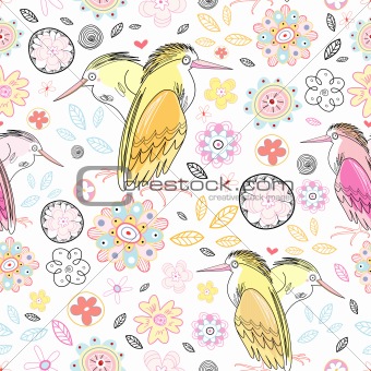 vivid pattern of flowers and love herons