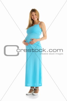 happy pregnant woman in blue dress