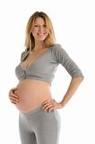 happy pregnant woman in gray suit