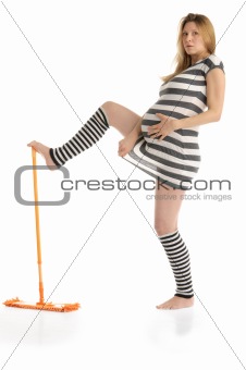 astonished pregnant woman with mop