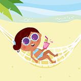 Dark skin girl with summer drink lying in a hammock on the beach
