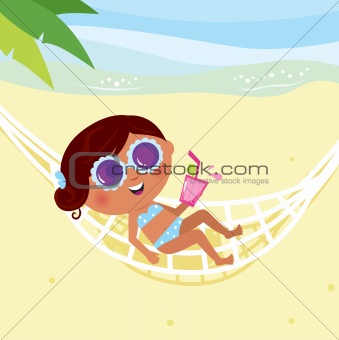Dark skin girl with summer drink lying in a hammock on the beach