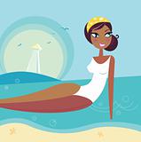 Retro beach summer girl relaxing in sea water
