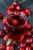glass of fresh cherry juice and fresh cherries