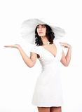young woman in white dress and hat