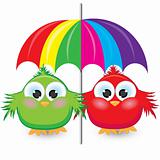 Two cartoon sparrow under the colorful umbrella
