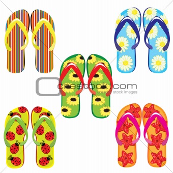 Five pairs of colorful flip flops 