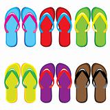 Six pairs of colorful flip flops